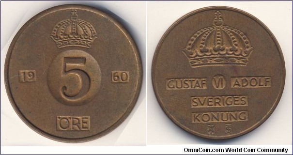 5 Ore (Kingdom of Sweden / King Gustaf VI Adolf // Bronze 8g)