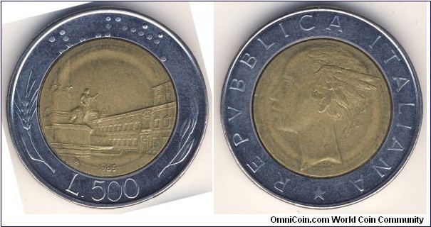500 Lire (Italian Republic // Bimetallic: Bronzital centre - Acmonital ring)