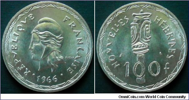 New Hebrides 100 francs.
1966, Ag 835.