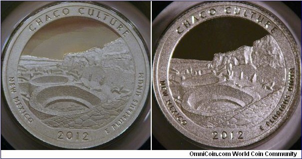 Chaco Culture, New Mexico national parks series. Shows elevated kivas,  the north walls of Chetro Ketl of the canyon. (usmint.gov) Showing two different lighting schemes on the same coin.