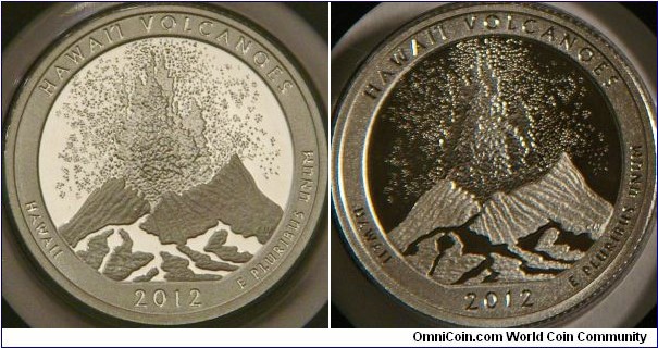 Hawai'i Volcanoes national Park quarter series. Shows an eruption on the east rift of Kilauea Volcano. (usmint.gov) Showing two different lighting schemes on the same coin.