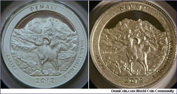 Denali, Alaska national park quarter series. Featuring a Dall sheep and Mount McKinley. Showing two different lighting schemes on the same coin. Ag, 24 mm.
