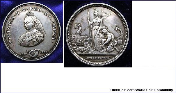 1887 UK Queen Victoria Golden Jubilee Medal by A. Kirkwood & Sons of Edindurgh. Silver 50MM,/62 gm.
Obv: Crowned, neiled, draped bust of Queen Victori faceing three-quarters left. Rev:  AIEN ΑΡΙΣΕΨΕΙΝAthena standing on a quay. Jason kneels beside her. The argo morred alongside. Rim: ARITHMETIC OPEN TO SCHOOL,DONOR R.K. INCHES, WINNER JAMES A. MURRAY CLASS V 97 PERCENT.
