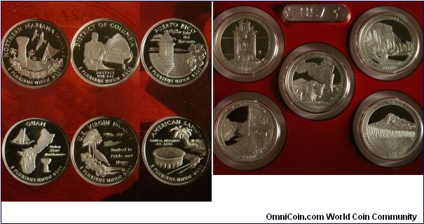 The seldom seen modern quarters, part 1.  Proof set of the 2009 DC and US Territories extension to the State Quarters series.  And proof set of the first year (2010) of the National Parks series. About 1/4 the production of the states quarters. Ag