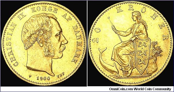 Denmark - 20 Kroner - 1900 - Weight 8,96 gr - Goldcoin Au 0,900 - Au 0,2592 Troy Ounce - Size 23 mm - Alignment Medal (0°) - Ruler / Christian IX (1863-1906) - Engraver / Harald Conradsen - Heart = Copenhagen mint - Edge : Reeded - Mintage 100 030 - Reference KM# 791.2 (1873-1900)