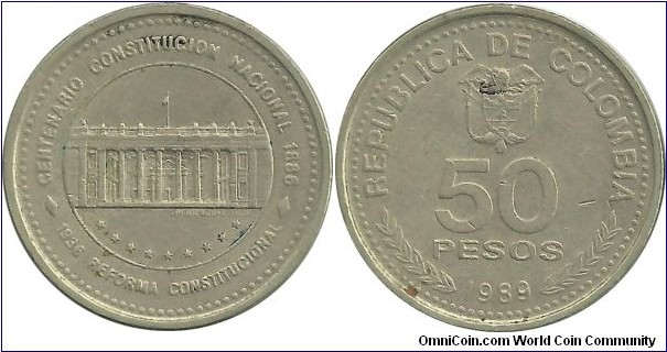 Colombia 50 Pesos 1989 - National Constitution Centennial and 50th year of Constitution Reform