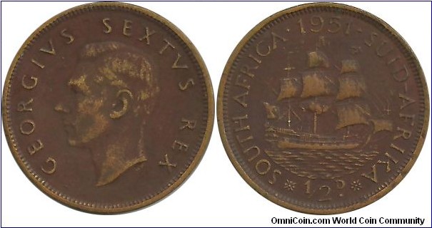 SouthAfrica-British ½ Penny 1951