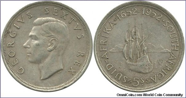 SouthAfrica-British 5 Shillings 1952 - 300 Years of foundation of Cape Town