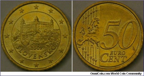 50 Euro cent, Bratislava castle, 24mm Nordic gold.