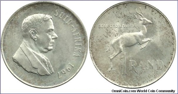 SouthAfrica 1 Rand 1967-Afrikaan ; Hendrik Frensch Verwoerd (8 September 1901 – 6 September 1966), commonly identified as H.F. Verwoerd, was Prime Minister of South Africa from 1958 until his assassination in 1966. He is remembered as the man behind the conception and implementation of apartheid, a system of racial segregation dividing ethnic groups in the country.