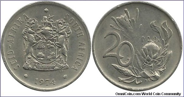 SouthAfrica 20 Cents 1974-Bilingual