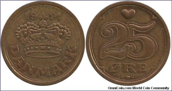 Denmark 25 Øre 1991