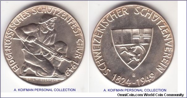 R-587b, 1949 Switzerland Chur (Graubünden)  shooting medal, Bern mint; silver, plain edge; uncirculated specimen, mintage 40,000.