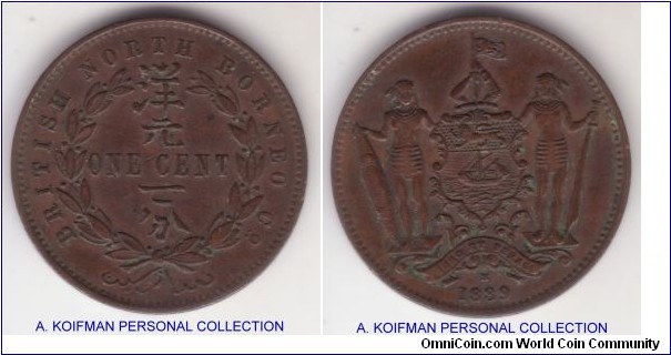 KM-2, 1889 British North Borneo cent, Heaton mint (H mintmark); bronze, plain edge; dark, almost black and with a bit of grime? about very fine.