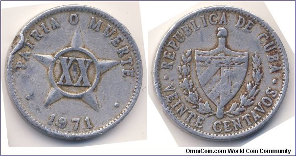 20 Centavos (2nd Republic of Cuba // Aluminium / Al-Mg-Mn) 