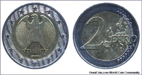 Germany, 2 euros, 2008, Cu-Ni-Ni-S, bi-metallic, 25.75mm, 8.5g, MM: A (Berlin), Complete Europe map.