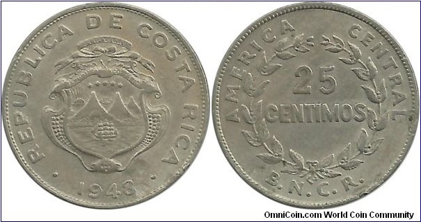 CostaRica 25 Centimos 1948 - B N C R