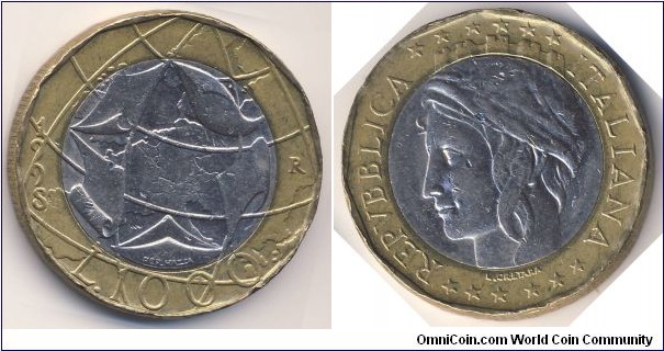 1000 Lire (Italian Republic // Bimetallic: Copper-Nickel centre / Bronzital ring)