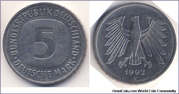 5 Deutsche Mark (Federal Republic of Germany - Re-Unified // Copper-Nickel clad Nickel)