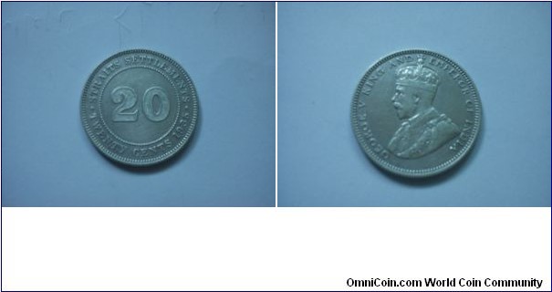 Straits Settlements King George V 20 cents 600.Silver