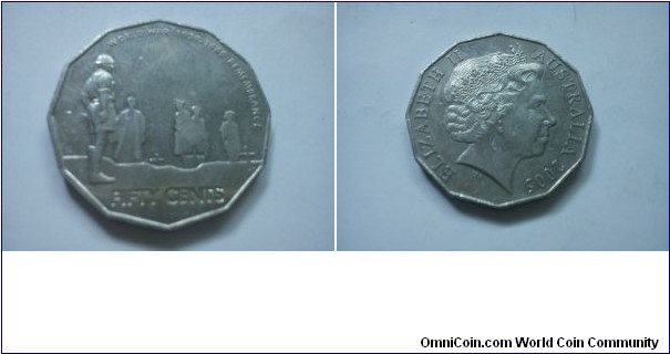 Remembrance: 60th Anniversary of the end of World War II - Queen Elizabeth 50 cents