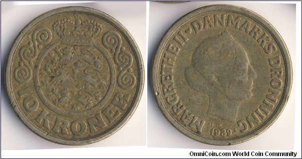10 Kroner (Kingdom of Denmark / Queen Margrethe II // Aluminium-Bronze)