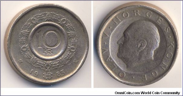 10 Kroner (Kingdom of Norway / King Olav V // Nickel Silver 91Cu/10Zn/9Ni)