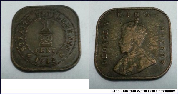 Straits Settlements King George V -1/2 cent bronze