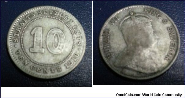 Straits Settlements King Edward VII - 10 cents 800.Silver (rare)