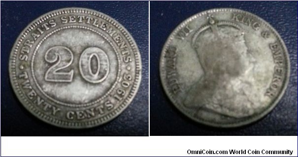 Straits Settlements King Edward VII - 20 cents 800.Silver