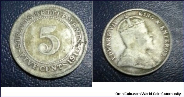 Straits Settlements King Edward VII -5 cents 600.Silver
