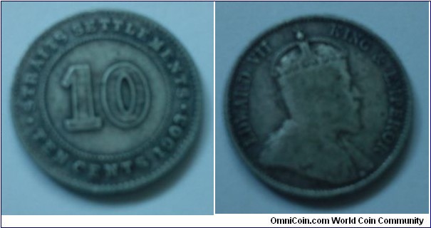 Straits Settlements King Edward - 10 cents 800.Silver (rare)