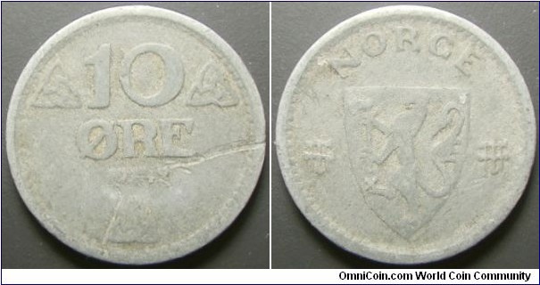 Norway 1942 10 ore. Low grade zinc. Special thanks to Litotes.  