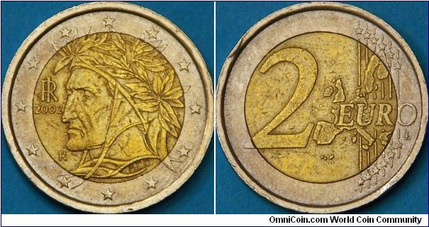 2 Euro, portrait by Raphaël of Dante Alighieri, author of the Divine Comedy.