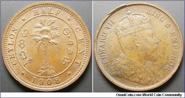 Sri Lanka 1908 half cent. Nice red-brown color with a die crack across it. Weight: 3.22g. 
