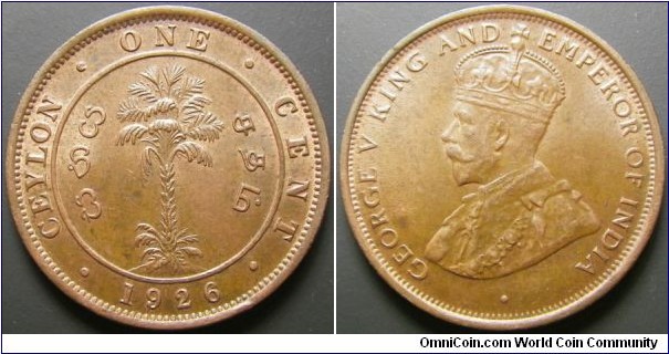 Sri Lanka 1926 1 cent. Nice red-brown condition. Weight: 4.80g. 