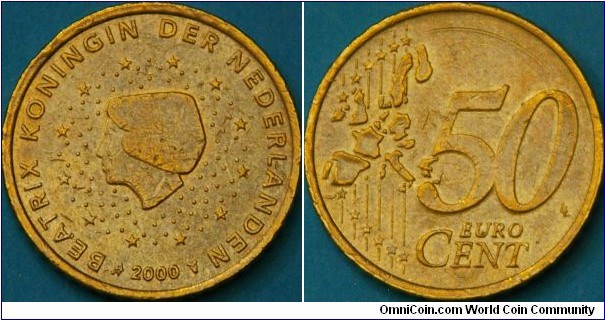 50 Euro cent, with Queen Beatrix, 24mm, Nordic gold