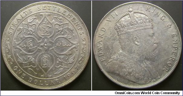 Straits Settlement 1907 1 dollar. Nice condition however seems like old cleaning? Weight: 20.17g. 