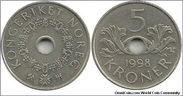 Norway 5 Kroner 1998 - King Harald V - with mint marks 