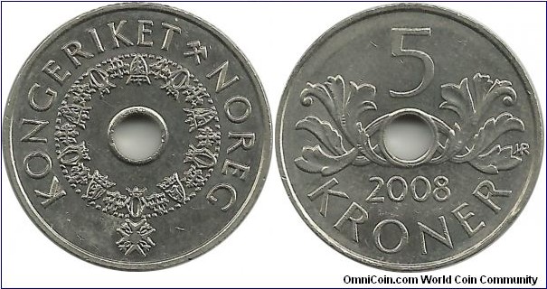 Norway 5 Kroner 2008 - King Harald V - no mint marks