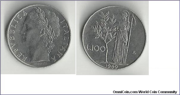 Italy, 100 liras, 1969 ,Minerva standing by an Olive tree, Republica Italiana