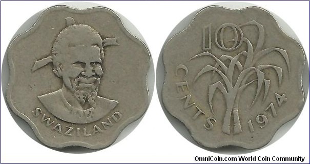 Swaziland 10 Cents 1974 - King Sobhuza II