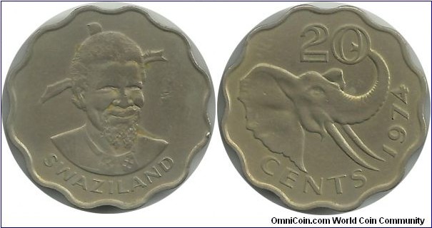 Swaziland 20 Cents 1974 - King Sobhuza II