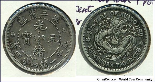 光緒元寶 (KUANG HSU YUAN BAO), 20-Cent Silver Coin, 33rd Year of Kuang Hsu, Manchurian Provinces.