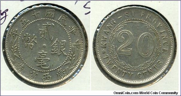 20-Cent Silver Coin, Kwang-Si Province.