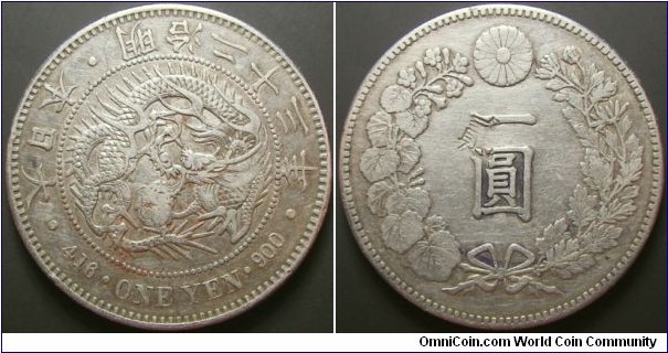 Japan 1890 1 yen. Cleaned and chopmark. Weight: 26.92g. 