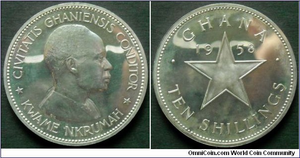 Ghana 10 shillings.
1958, Independence of Ghana - Kwame Nkrumah. Ag 925. Weight; 28g.
Diameter;; 38mm.
Mintage: 11.000 units. Proof or prooflike.