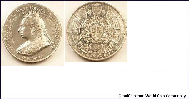 1897 UK Queen Victoria's Diamond Jubilee The Royal Family Medal by Frank Bowcher Medal. WM: 51MM. Obv: Crowned, veiled, draped bust of Queen Victoria  facing left. Rev:  Shields around a central shield.
