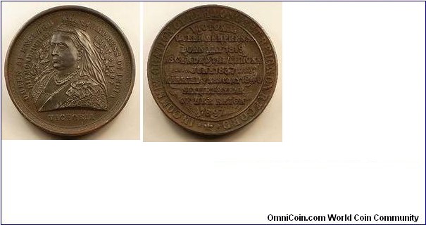 1897 UK Victoria's Jubilee. The Longest Regin on Record Medal. Bronzed lead: 69MM
Obv: Diademed, veiled bust of Victoria facing three-quarters left. Rev: An inscription on a map of the colonies.
