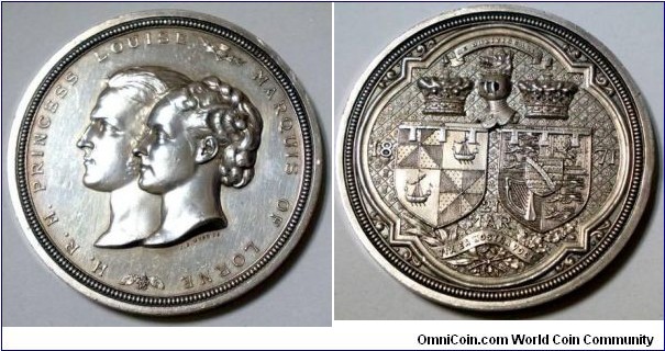 1871 UK Marrige of Princess Louise and Marquis of Lorne by Joseph Sheppard Wyon Medal. Silver: 63MM.
Obv: Conjoined Busts of Princess Louise and the Marquis of Lorne facing left. Rev: Two crowned shield.
